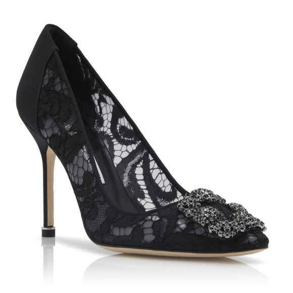 Manolo Blahnik Shoes - Manolo Blahnik Hangisila Hangisi 105 Black Lace Crystal Buckle Heel Pump 39.5